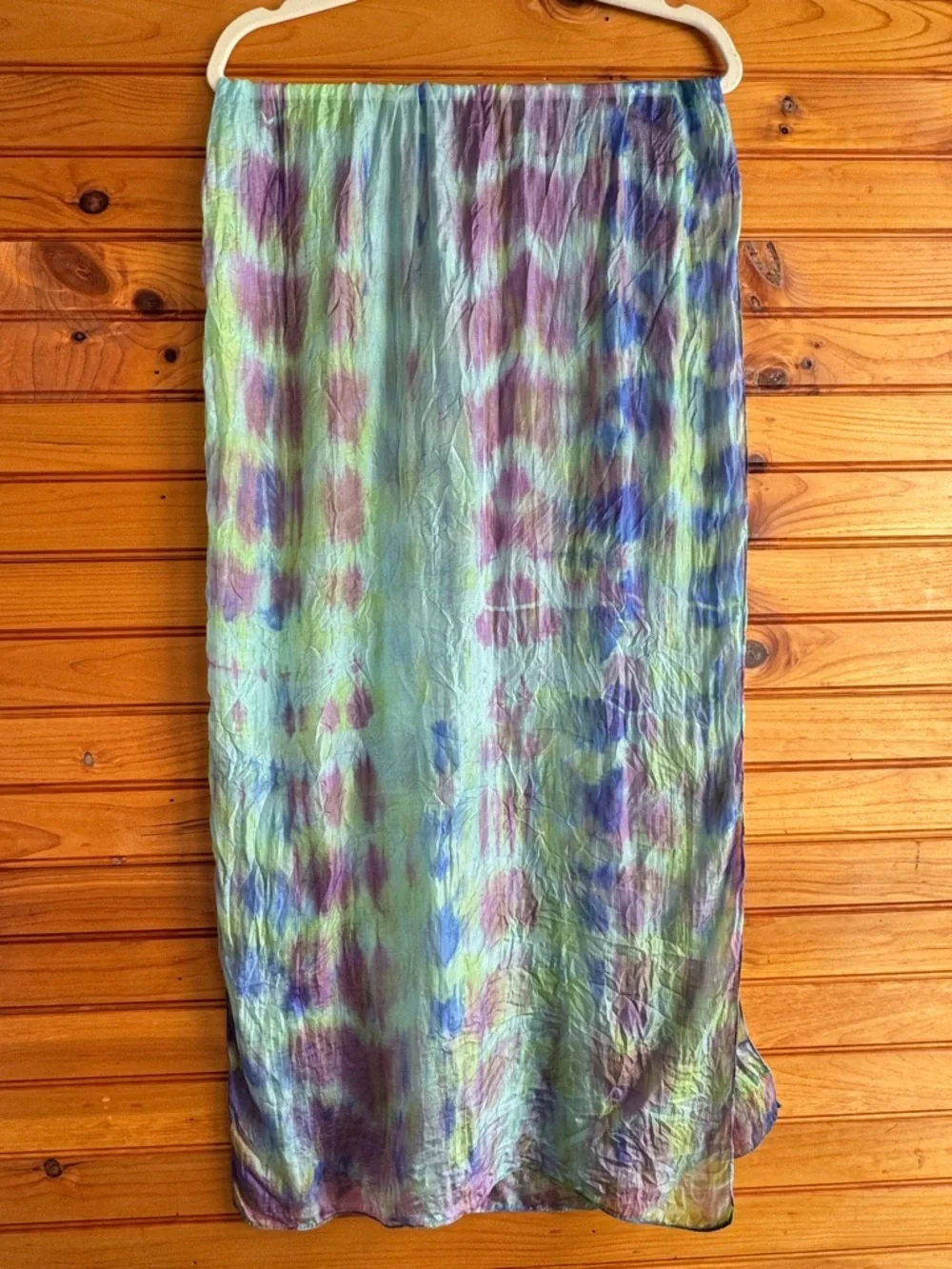 100% Silk Scarf Watercolor Tie Dye Blue Purple Green Long Wrap Shawl 76x21